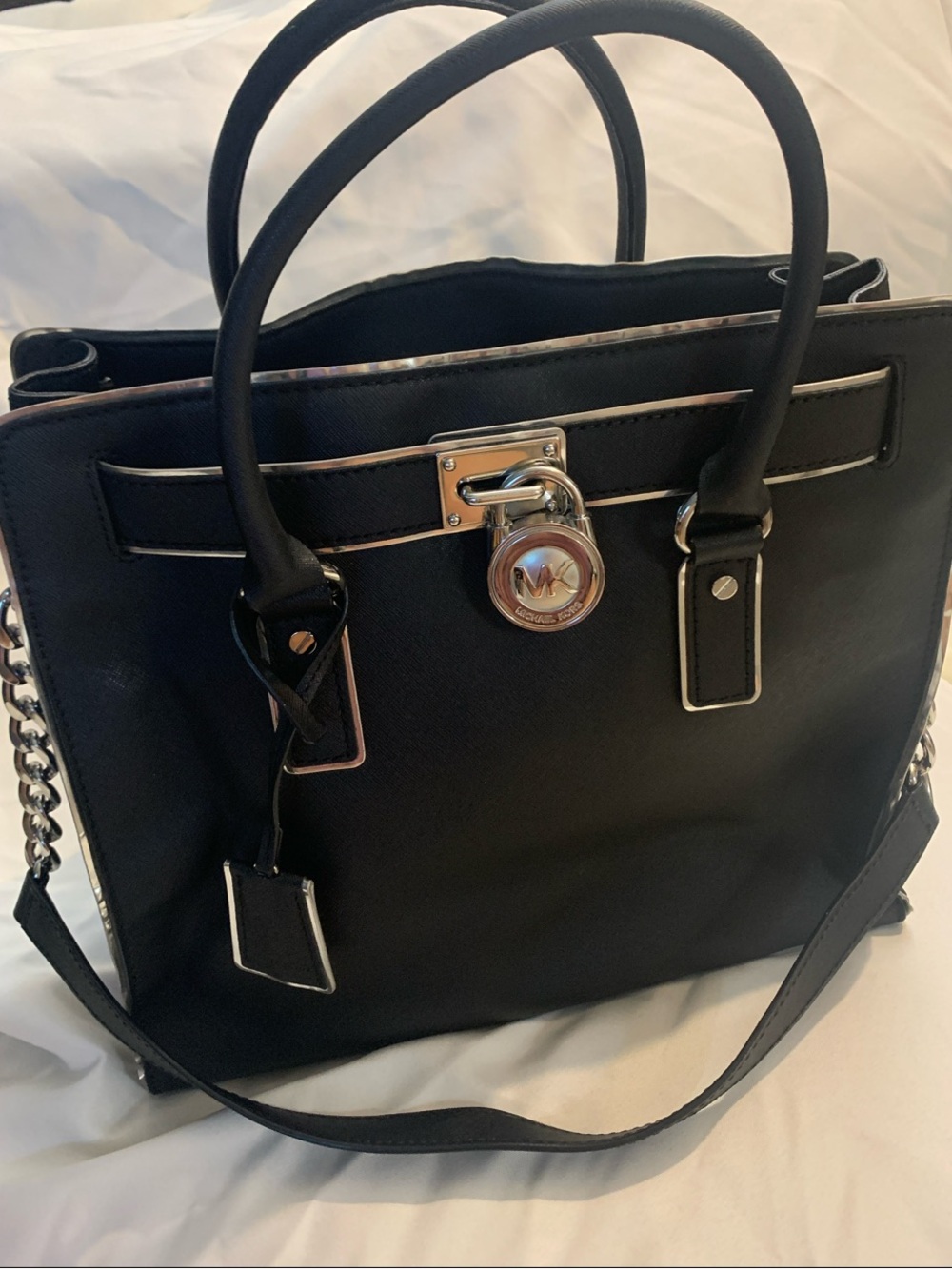 Michael Kors Black Leather Satchel with Silver Accent Lock